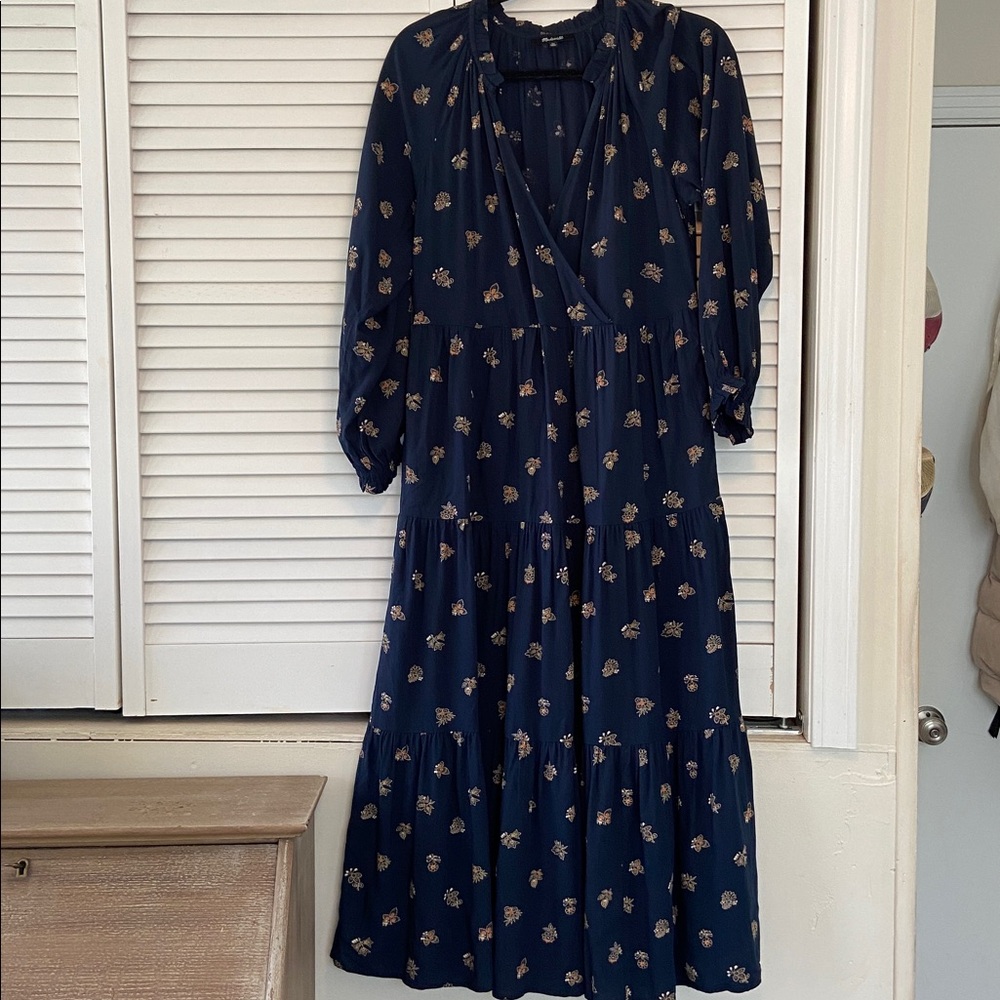 Madewell Boho Navy Floral Long-Sleeve Maxi Dress Woman’s XS
